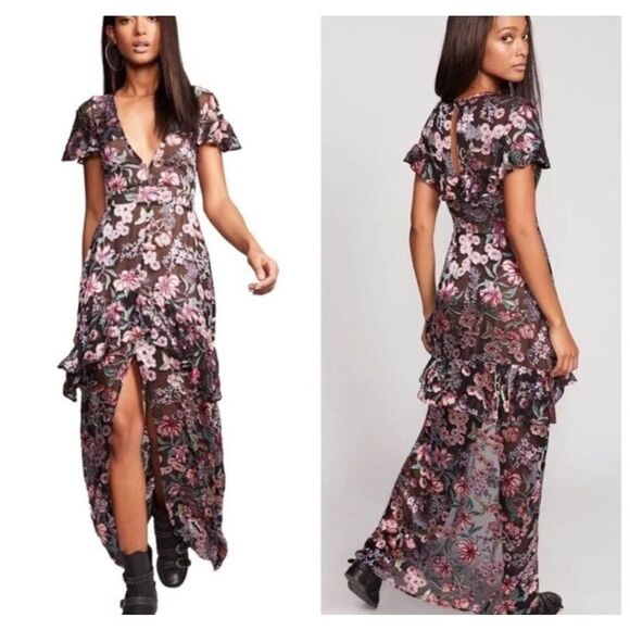 Free People For Love & Lemons $295 Silk ViVi Flora Cleo Burnout Maxi Dress Sz XS - Picture 3 of 8